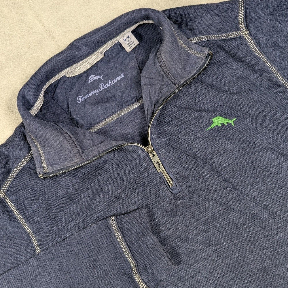 Tommy Bahama Mens Quarter Zip Pullover Blue Cotton Pima Tencel Marlin Logo M